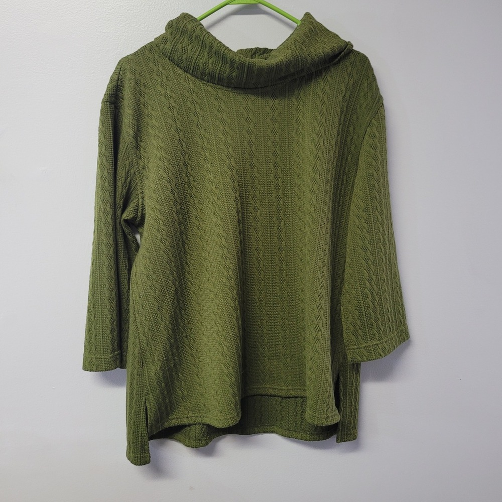Multiples Womens Cowl Neck Sweater Green Cable‎ Knit 3/4 Sleeve Size L
